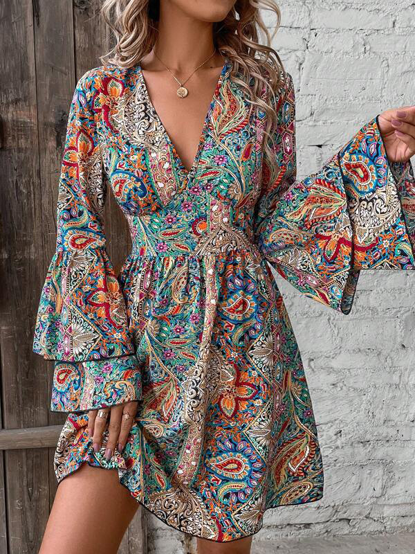 Women's Paisley Print V-Neck Bell Sleeve Midi Dress