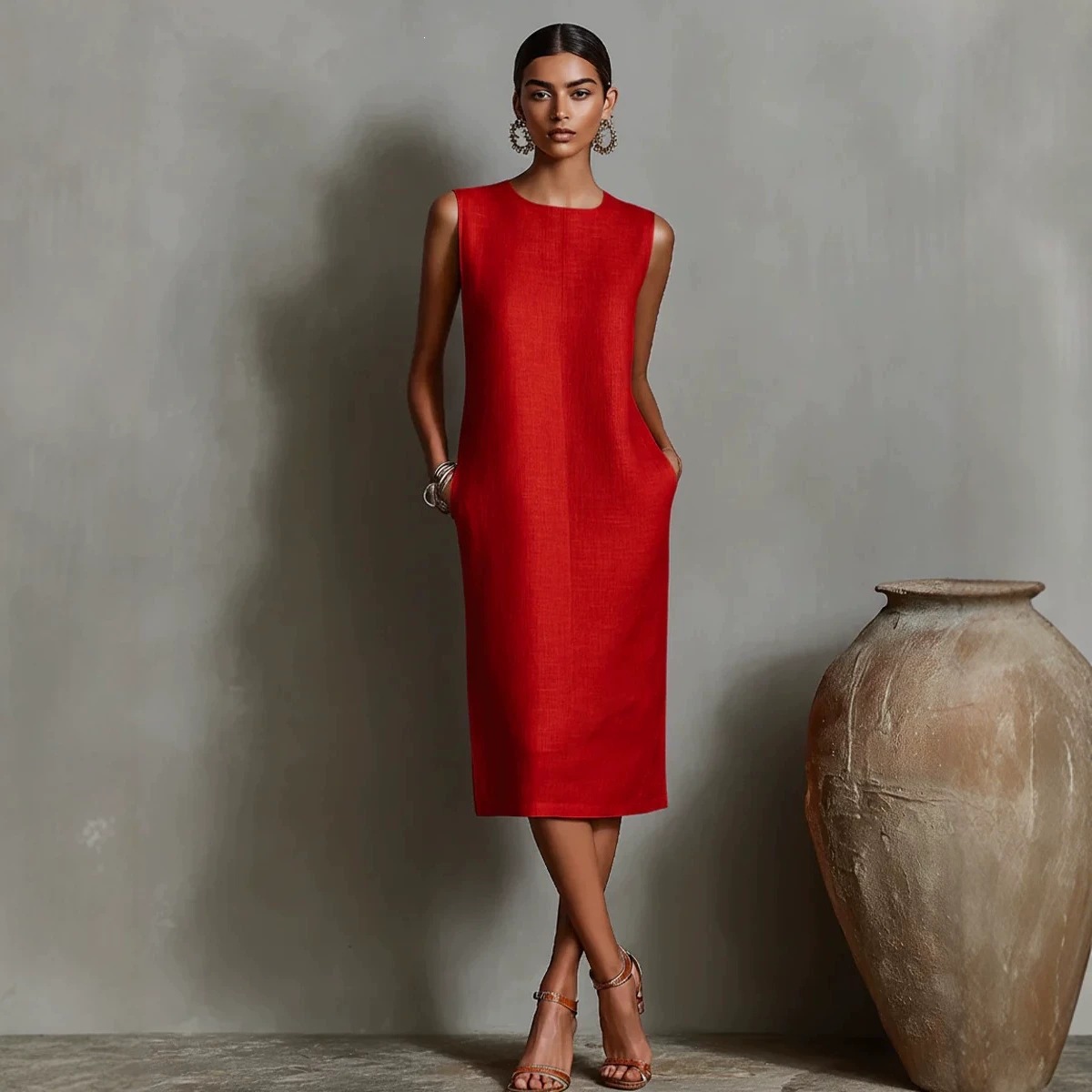 Sleeveless Round Neck Side Pocket A-Line Midi Dress