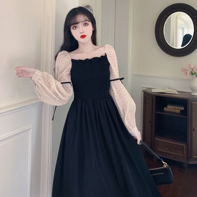 Plus Size Women's Waist-Cinching Midi Dress A-Line Square Neck Lantern Sleeve Colorblock