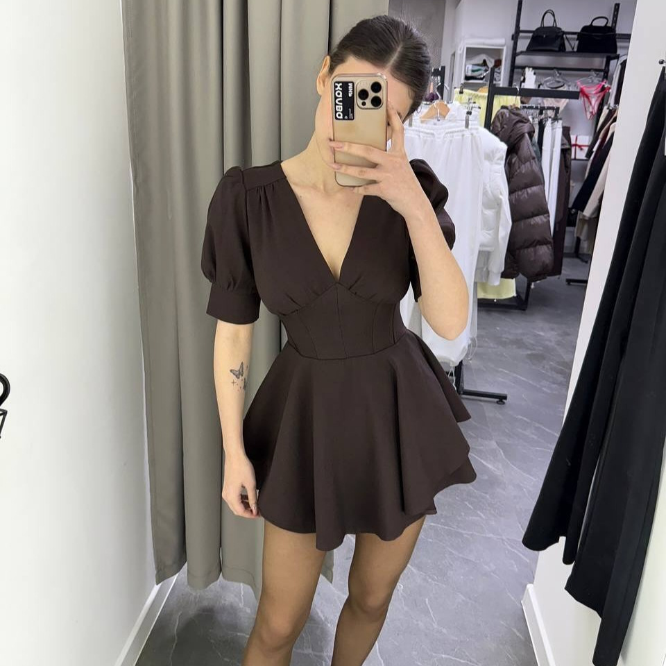 Puff Sleeve V-Neck Waist-Cinched Short Dress with Built-In Shorts