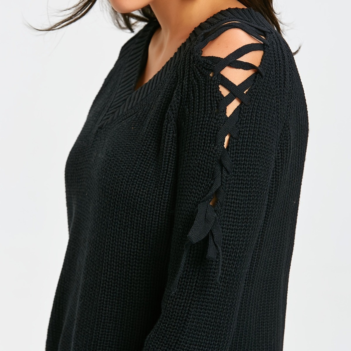 Women's Hollow-Out Knit Sweater V-Neck Lace-Up Long Sleeve Pullover