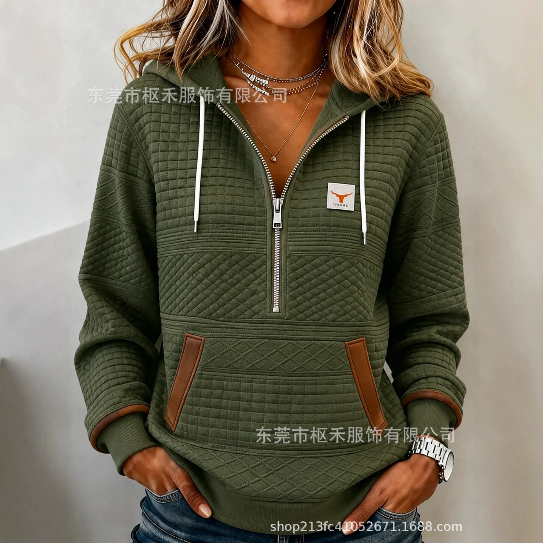 Waffle Print Half-Zip Stand Collar Solid Color Hoodie