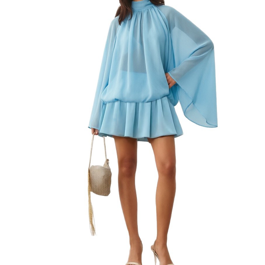 Women's High Neck Puff Hem Open Back Long Sleeve Dress