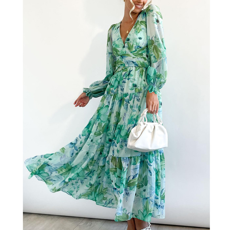 Bohemian Deep V-Neck Floral High-Waist Long-Sleeve Midi Dress