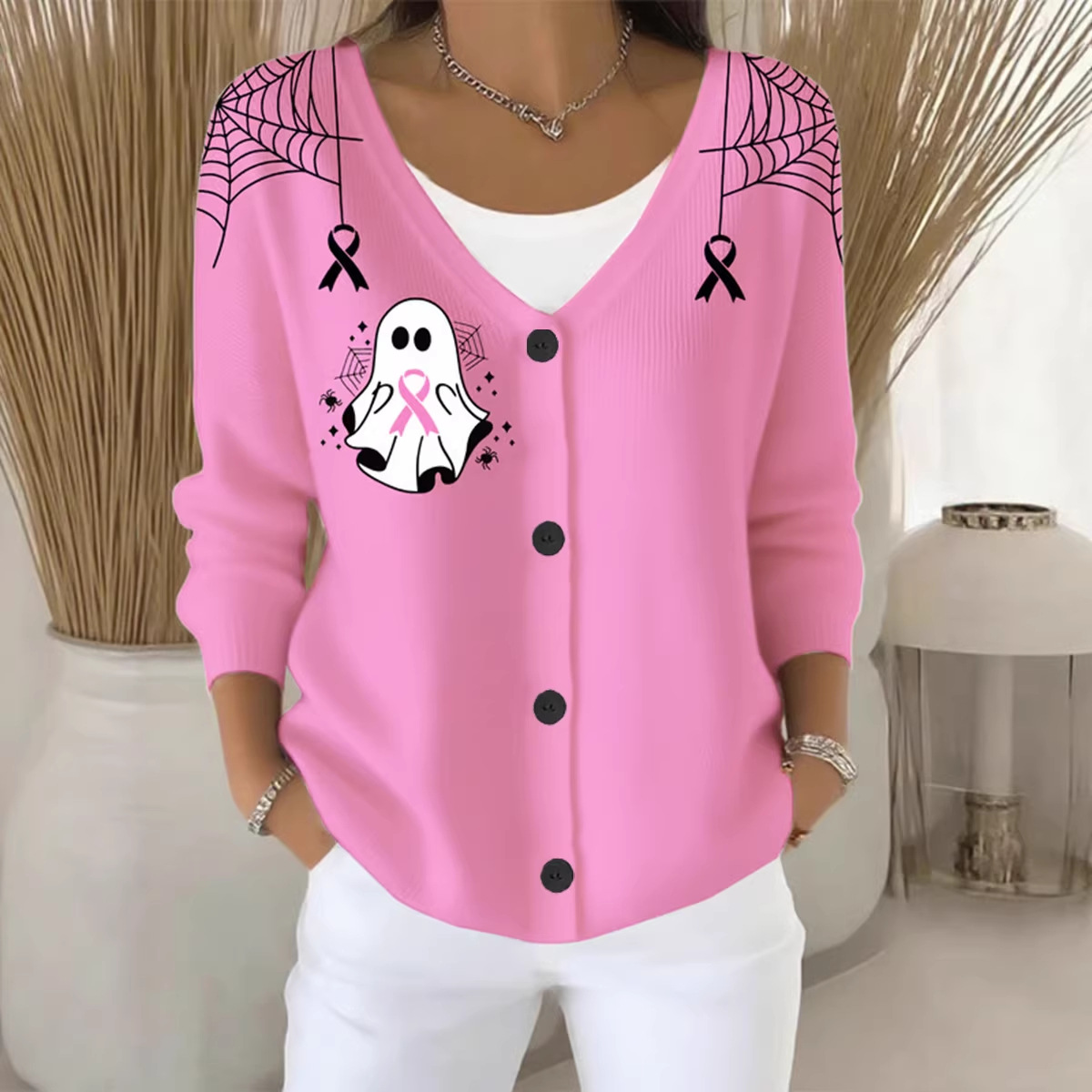 Women's Pet Print Ribbon Ghost Button Cardigan Sweater