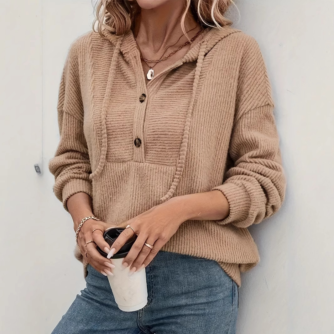 Ribbed Knit Hooded Long-Sleeve Pullover Sweatshirt