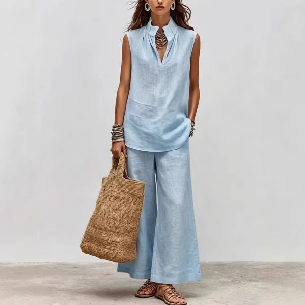 Solid Sleeveless Deep V Stand Collar Two-Piece Pants Set