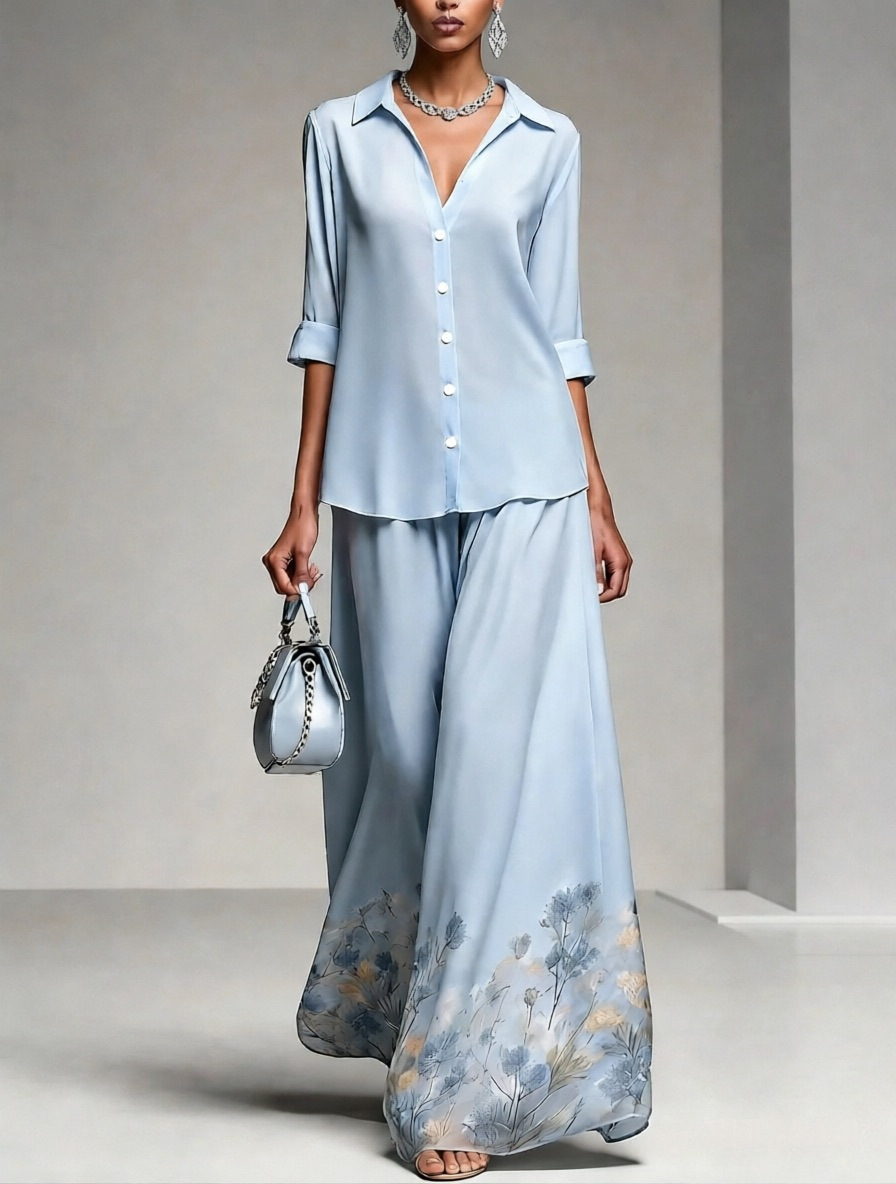 Floral Print Shirt and A-Line Midi Skirt Set with Collar and 3/4 Sleeves