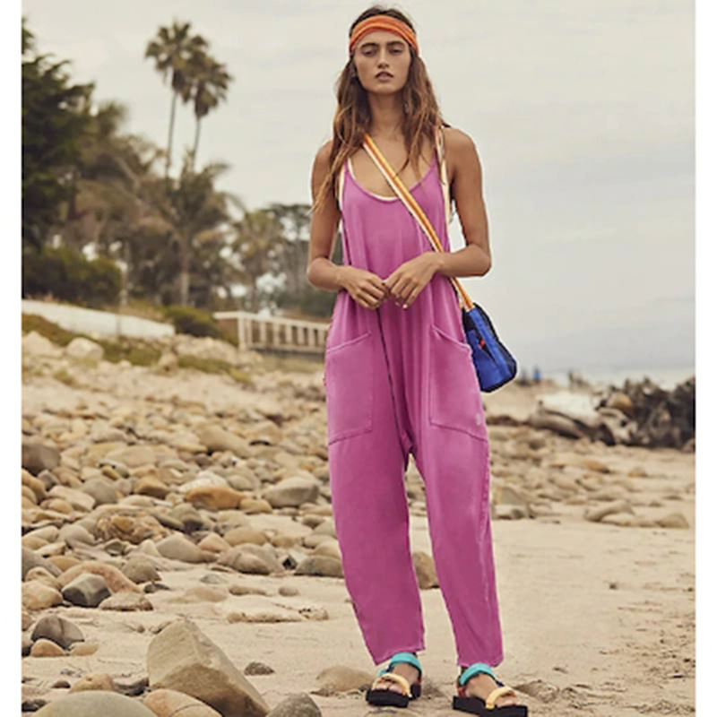Women's Sleeveless Zip Pocket Jumpsuit with Spaghetti Straps