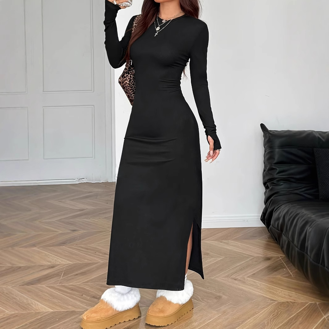Women's Long Sleeve Bodycon Midi Dress Crew Neck Solid Black
