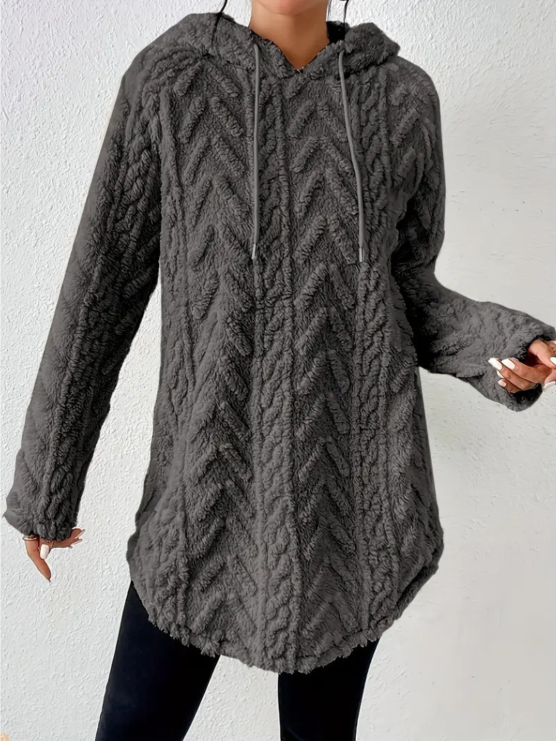 Solid Hooded Long-Sleeve Drawstring Fleece Sweater