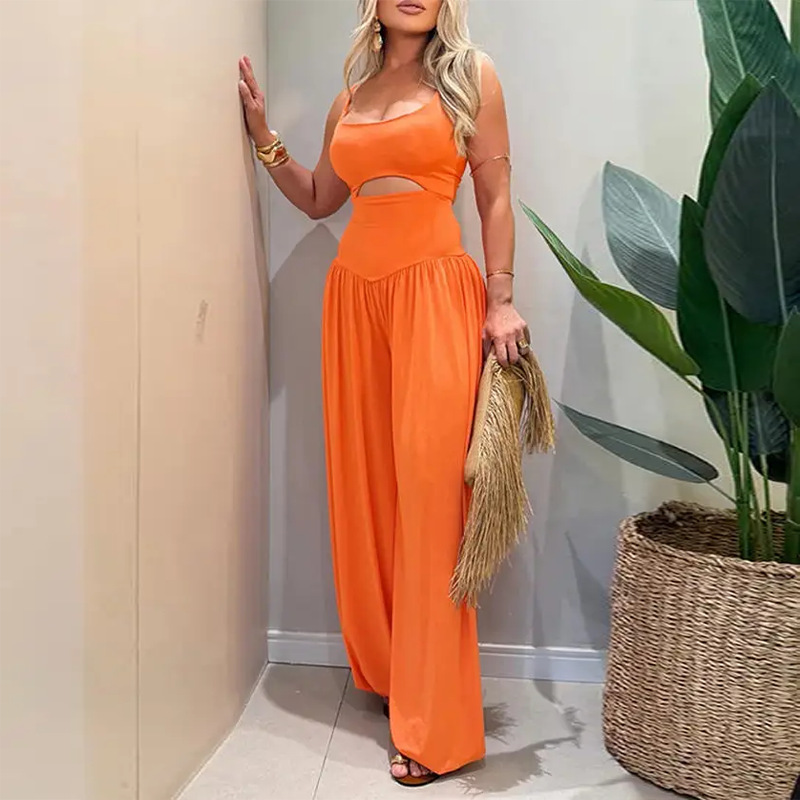 Women's Summer Sleeveless Wide-Leg Jumpsuit Solid Color Casual Vacation