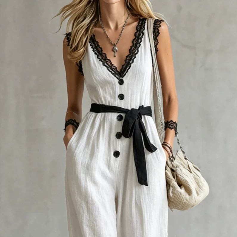 Colorblock Lace Trim V-Neck Tie-Waist Wide-Leg Jumpsuit