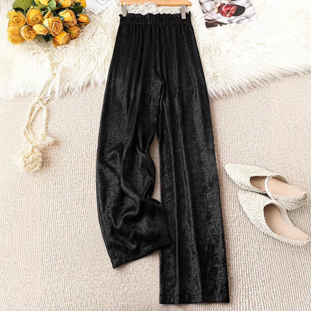 Gold Pleated Wide-Leg Pants with Elastic Waist