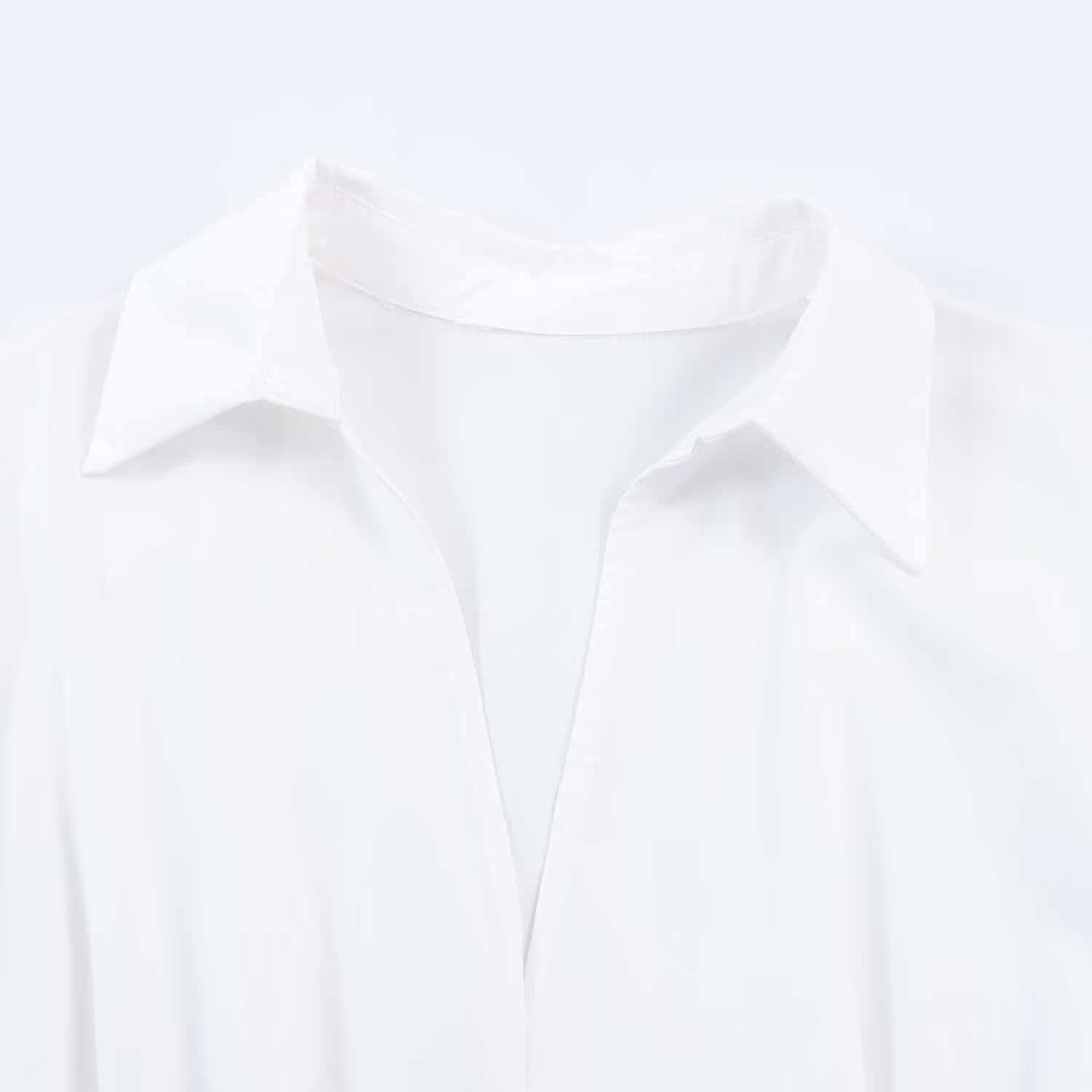 White V-Neck Puff Sleeve Cinched Waist Shirt Dress
