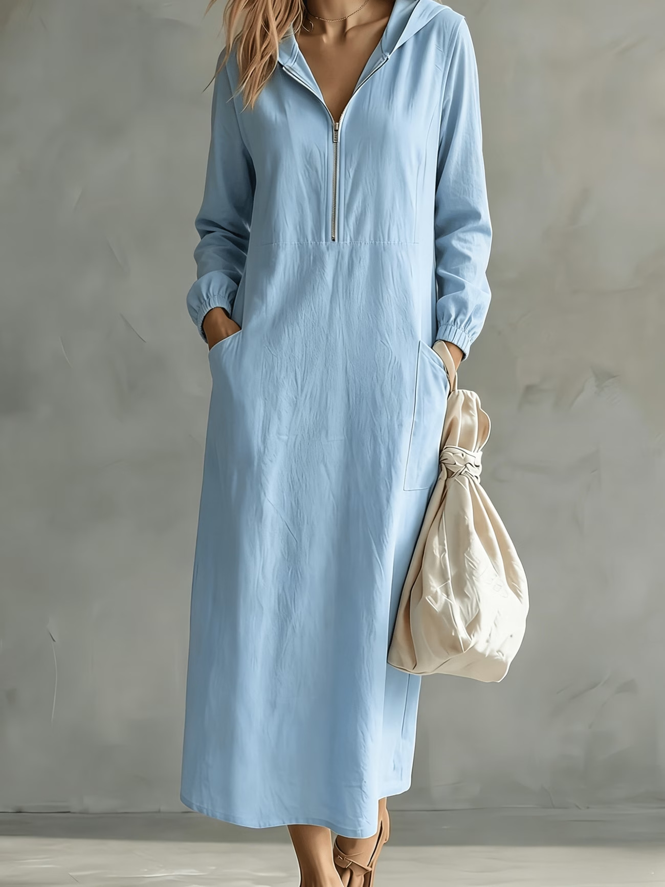 Hooded Half-Zip Cotton-Linen Long Sleeve Dress with Cuffed Sleeves