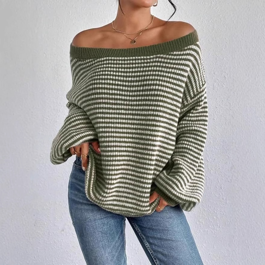 Striped One-Shoulder Lantern Sleeve Sweater