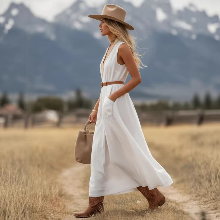Boho V-Neck Sleeveless Midi Dress with Pockets