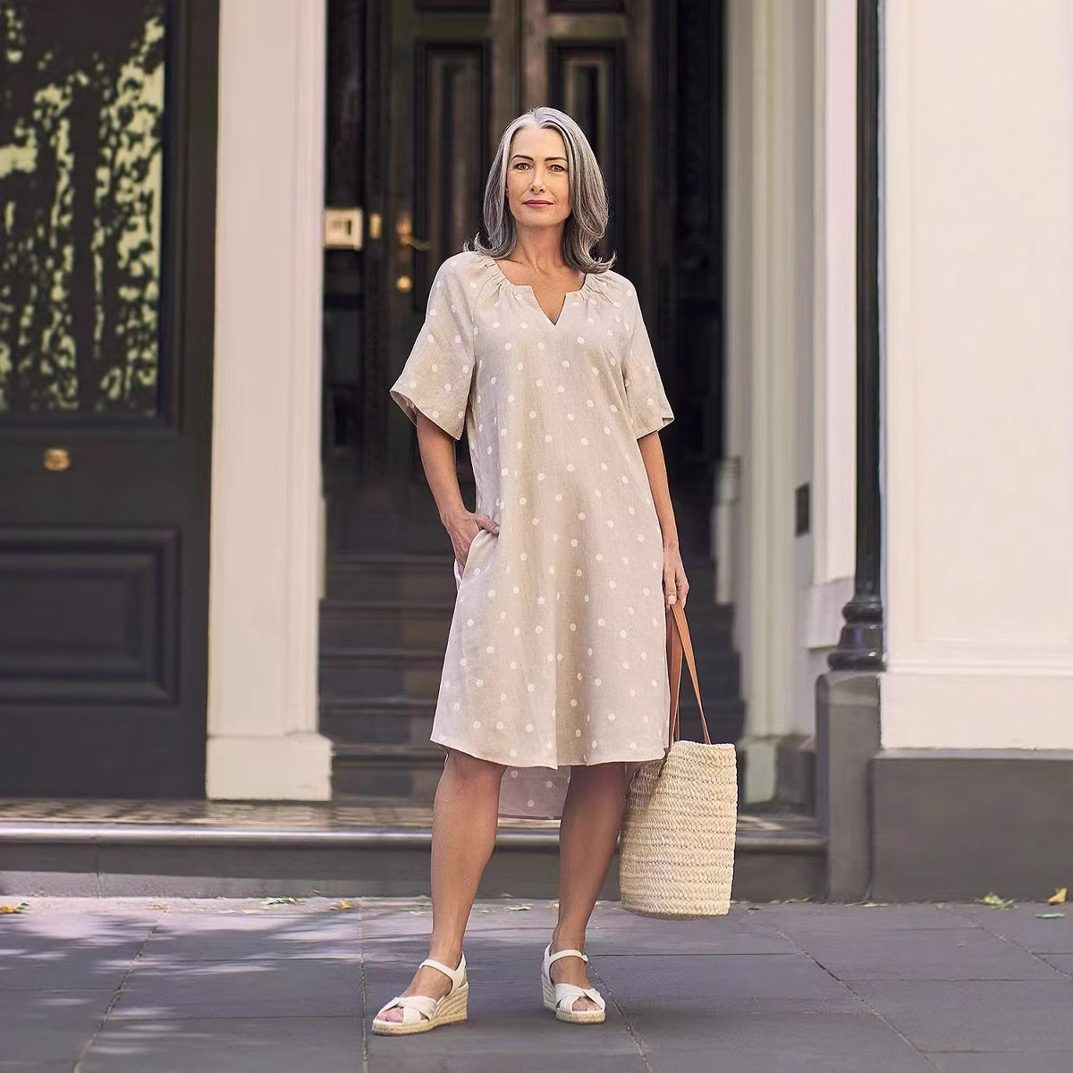 V-Neck Short Sleeve Polka Dot Midi Dress with Pockets