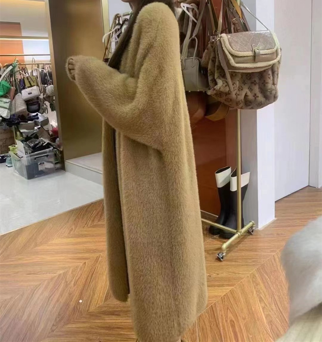 Women's Long Over-Knee Cardigan Sweater Loose Faux Mink Coat