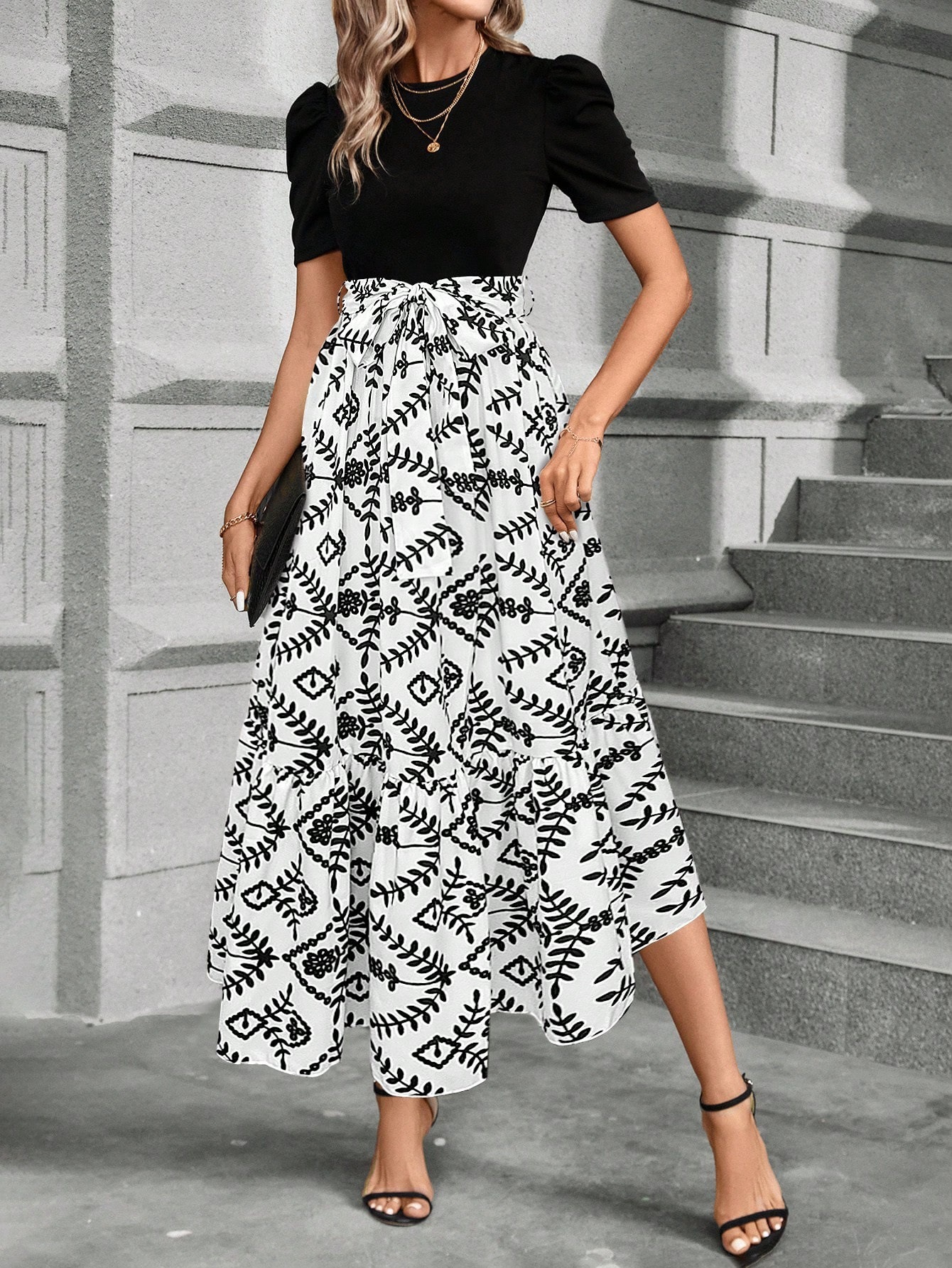 Floral Print High Waist Chiffon Midi Dress
