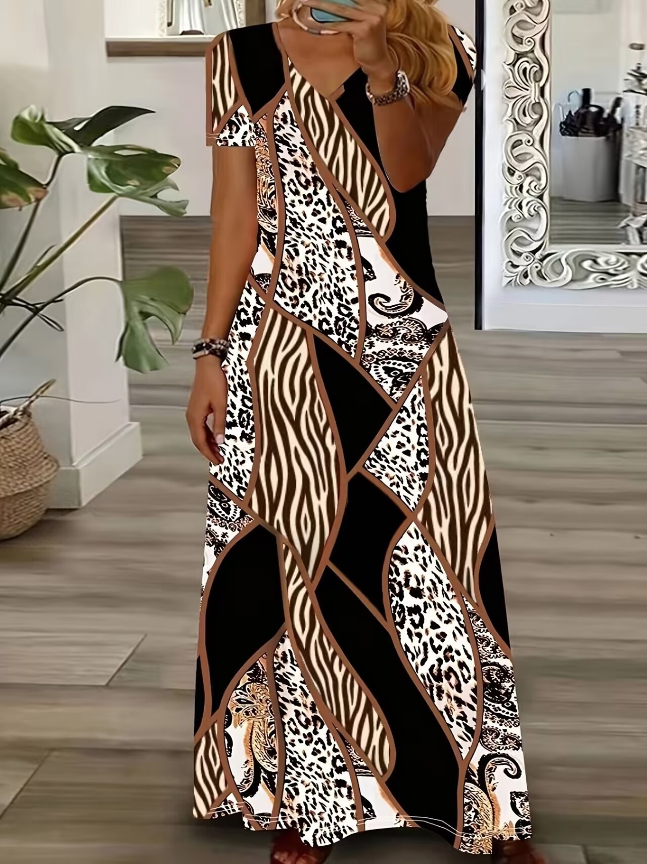 Leopard Zebra Print Patchwork V-Neck Short Sleeve Long Dress