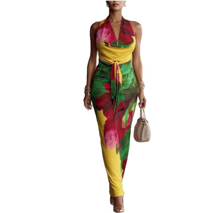 Floral Print Backless Cami Bodycon Midi Dress