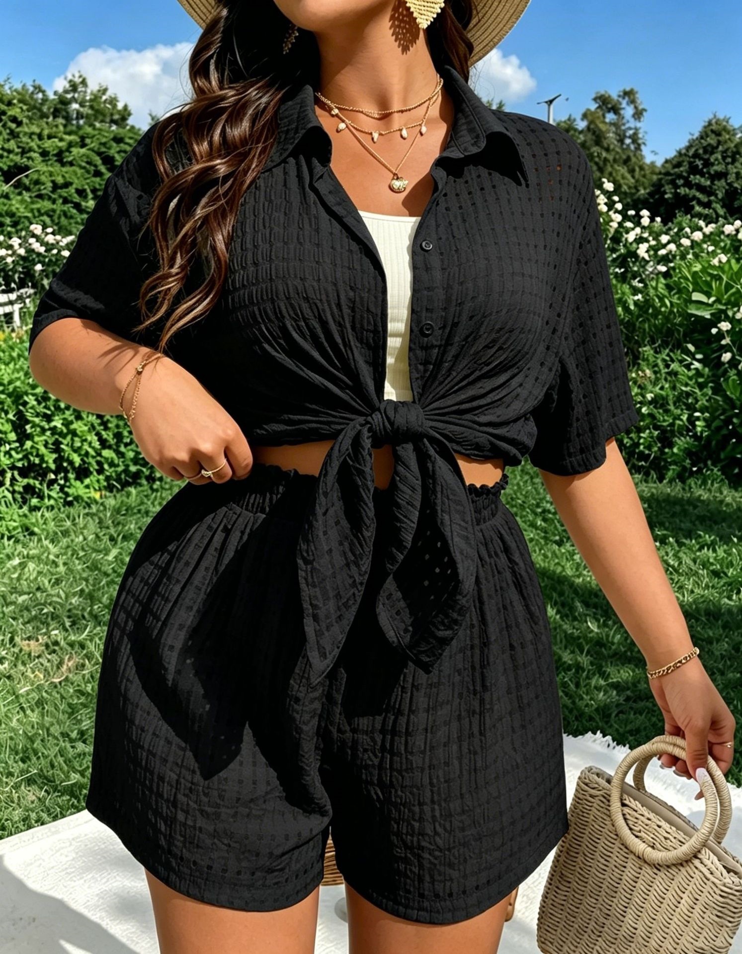 Women's Plus Size Plaid & Solid Two-Piece Set – Short Sleeve Open-Front Top and Shorts, Breathable Casual
