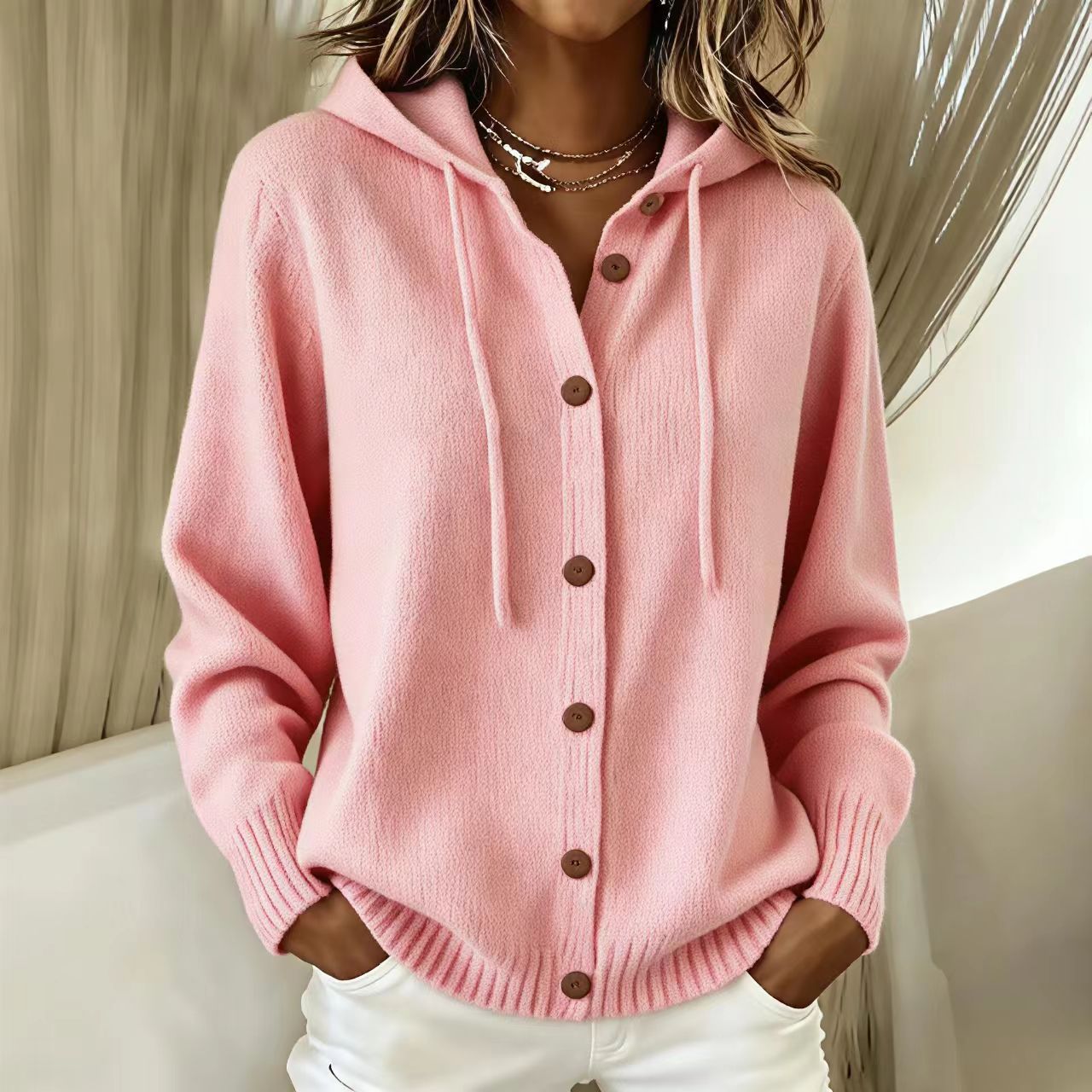 Button-Up Hooded Knit Cardigan Sweater Coat Solid Color Casual Women's