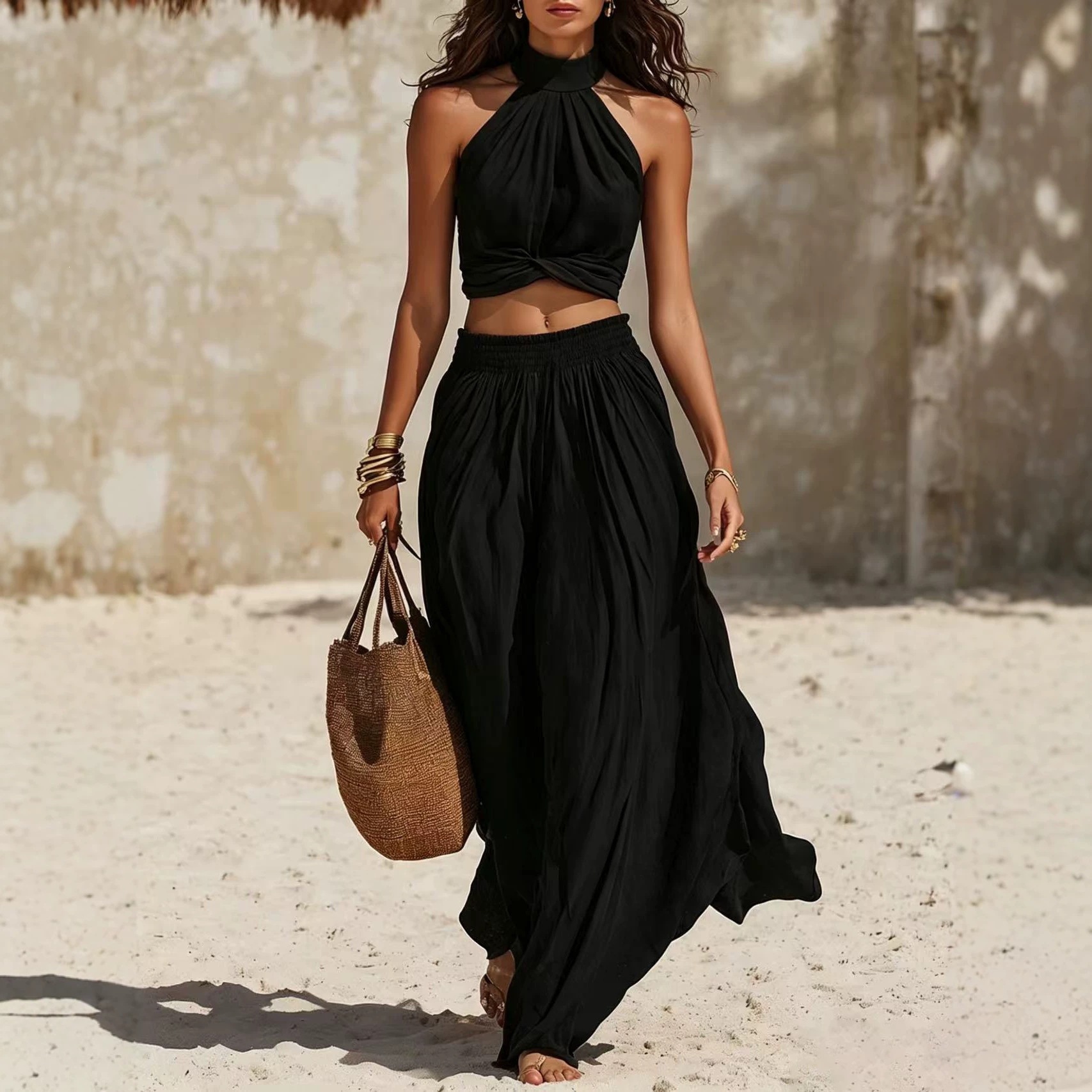 Women's Halter Twist Crop Top and Wide-Leg Pants Set Casual Vacation Outfit