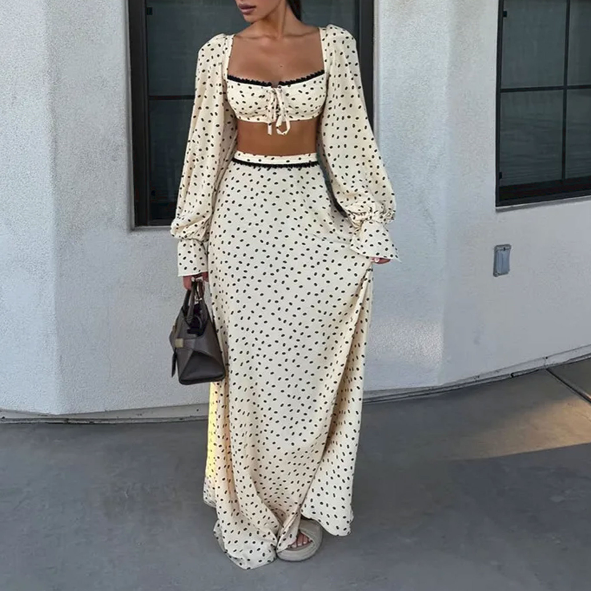 Women's Polka Dot Two-Piece Crop Top and Long Skirt Set