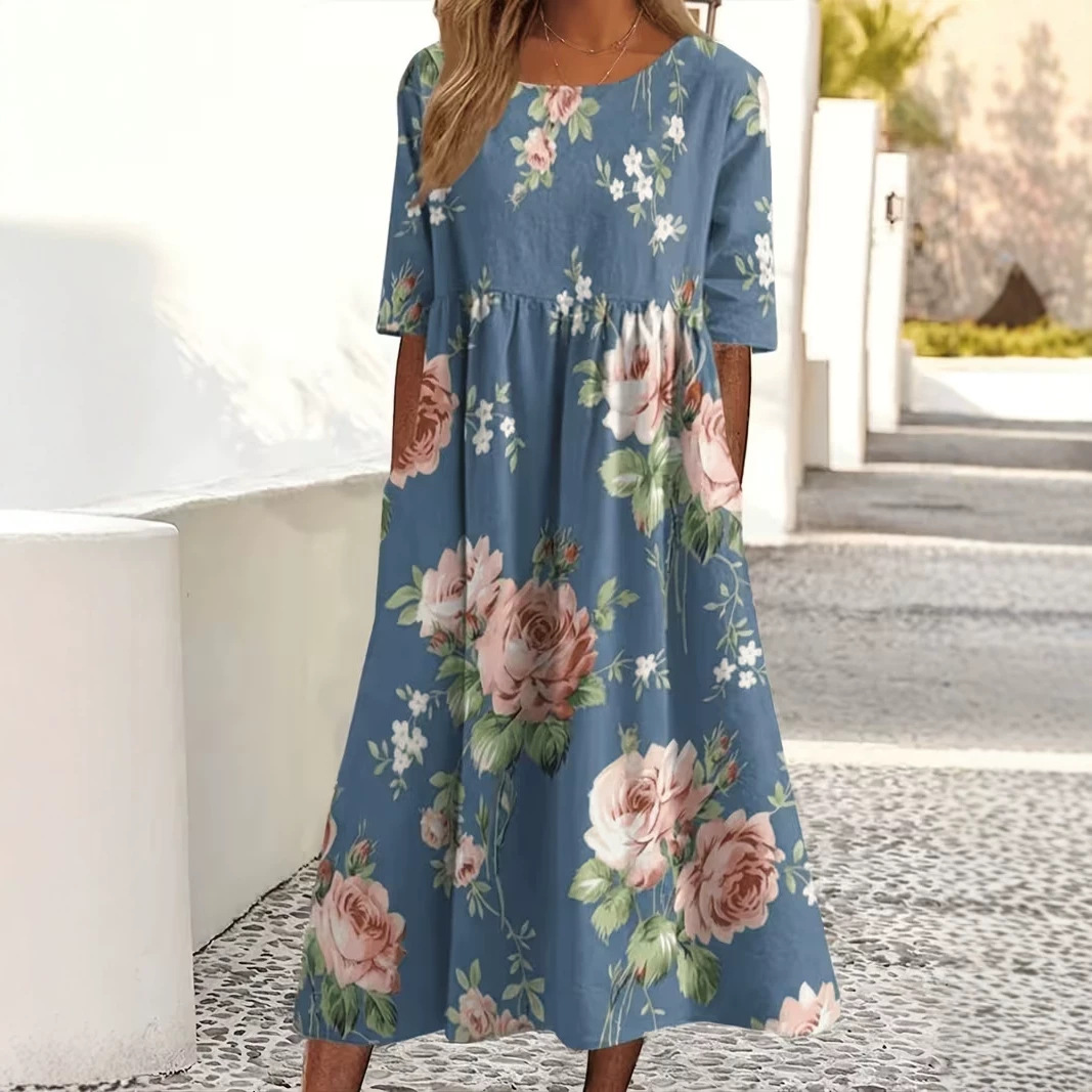 Women's Floral Print Ruched Midi Dress Casual Vacation Pullover