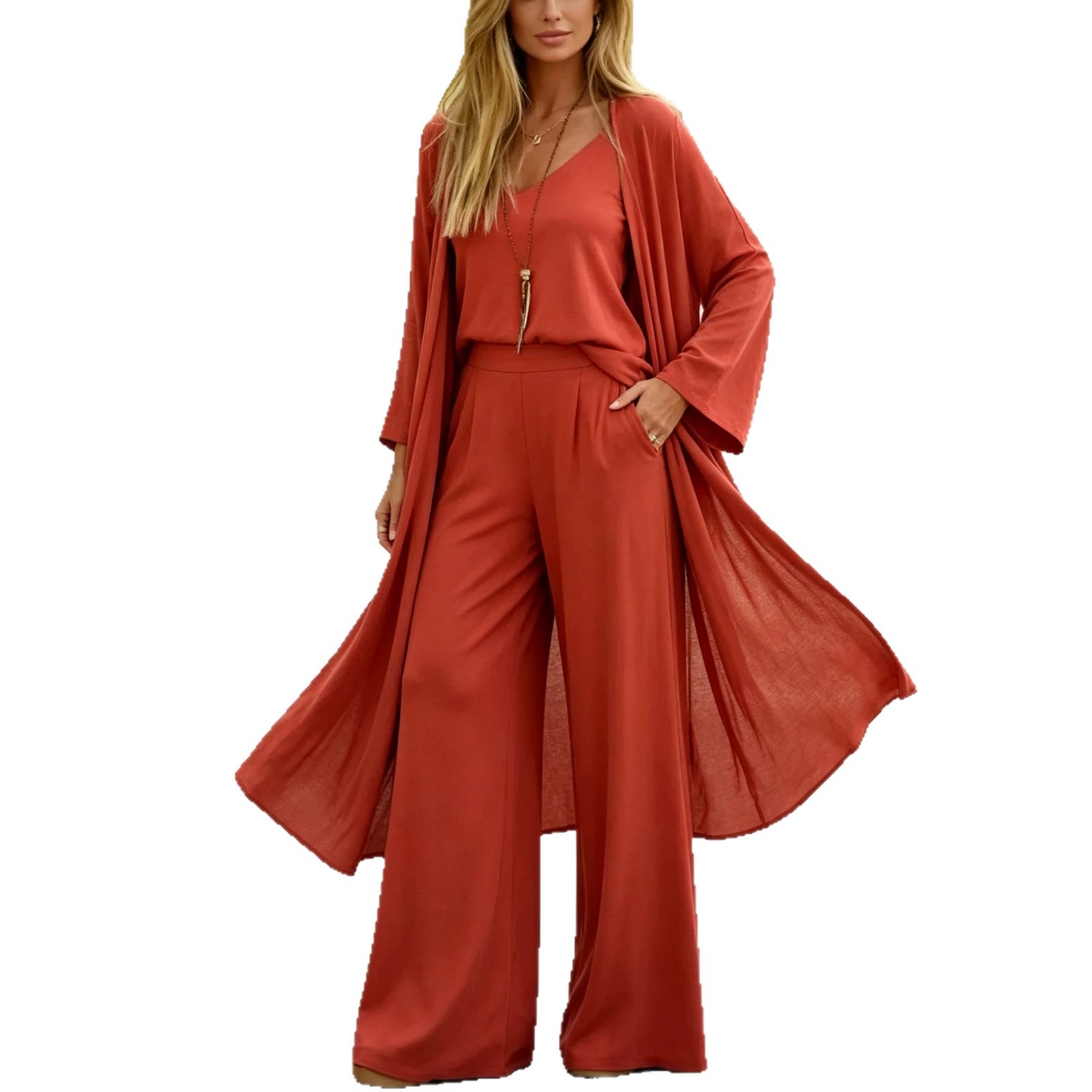 Women's Minimalist Solid Color Open-Front Cardigan 3-Piece Set