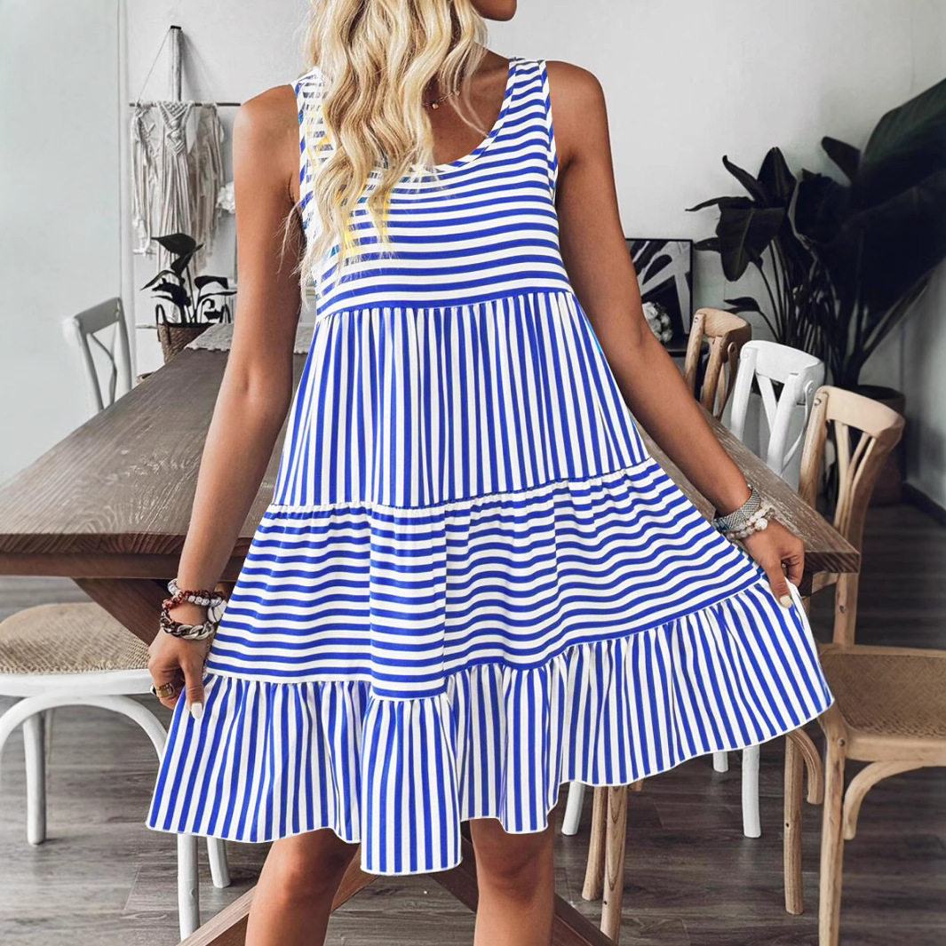Striped Print Sleeveless Tank Dress Round Neck Casual Women's Dress