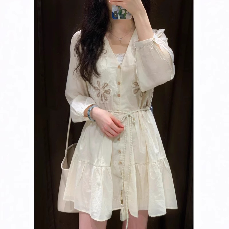 Women's Summer Floral Embroidered Long Sleeve Waist-Cinched Midi Dress