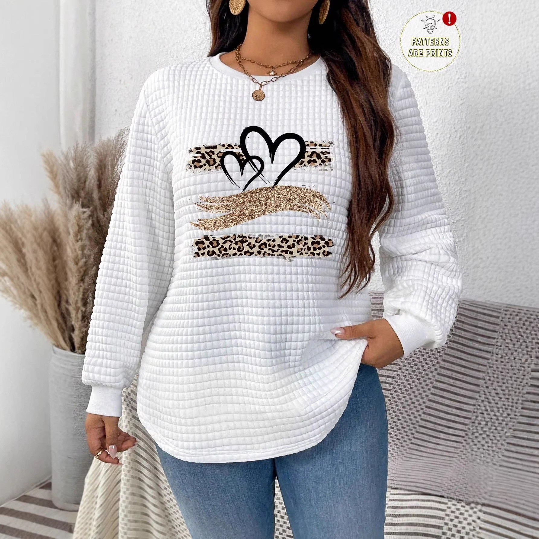 Waffle Knit Heart Print Crewneck Sweatshirt for Women