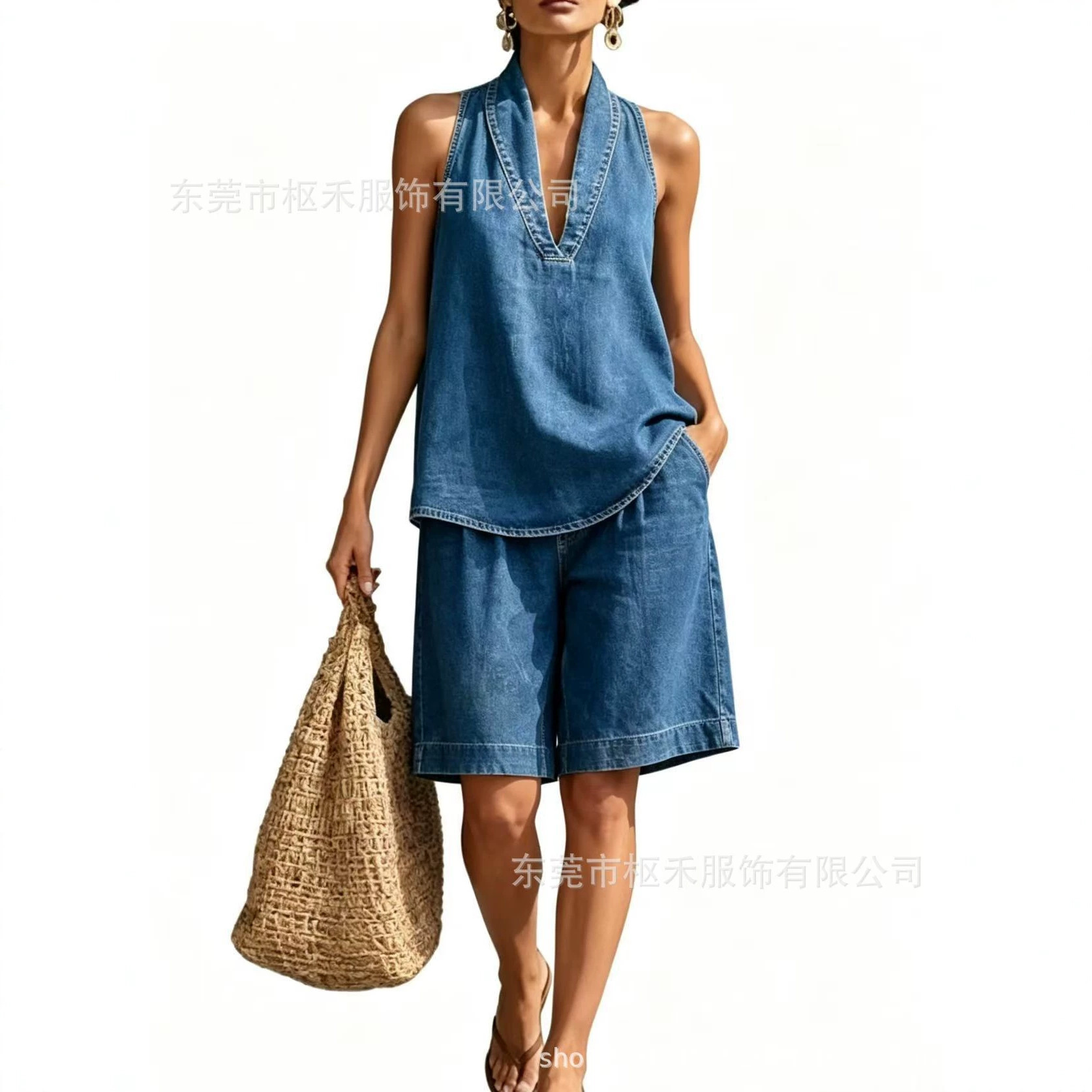 Retro Gradient Wash Print Sleeveless Halter Top Set