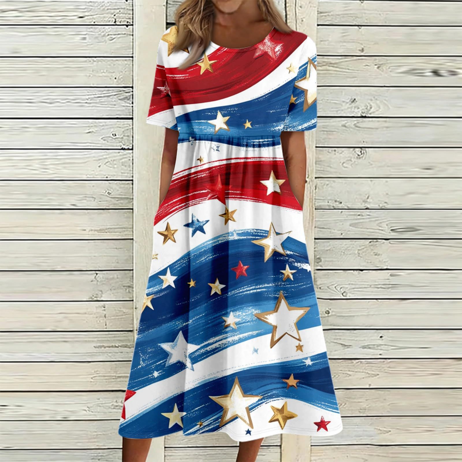 Women's Star Floral Print Ruched Midi Dress Short Sleeve Crew Neck