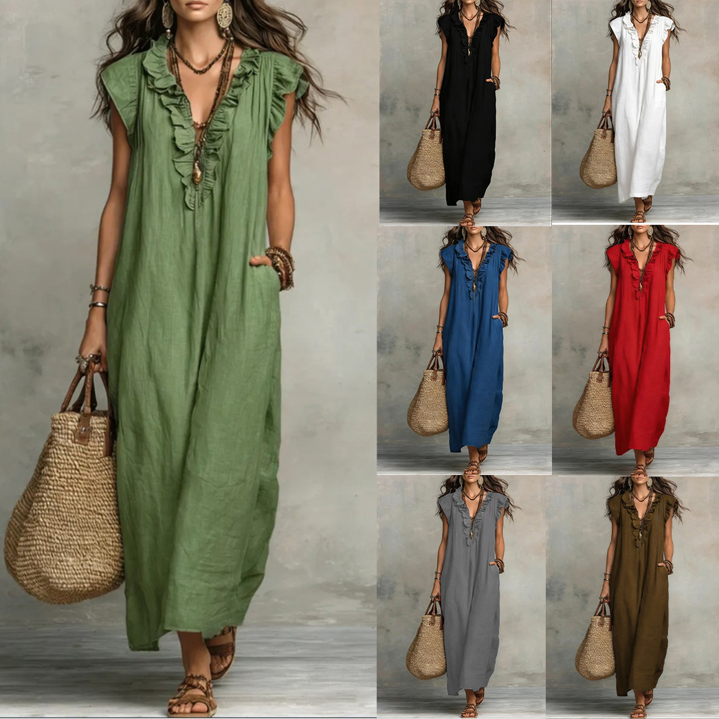 Bohemian Flutter Sleeve Maxi Dress Cotton Linen A-Line High Waist