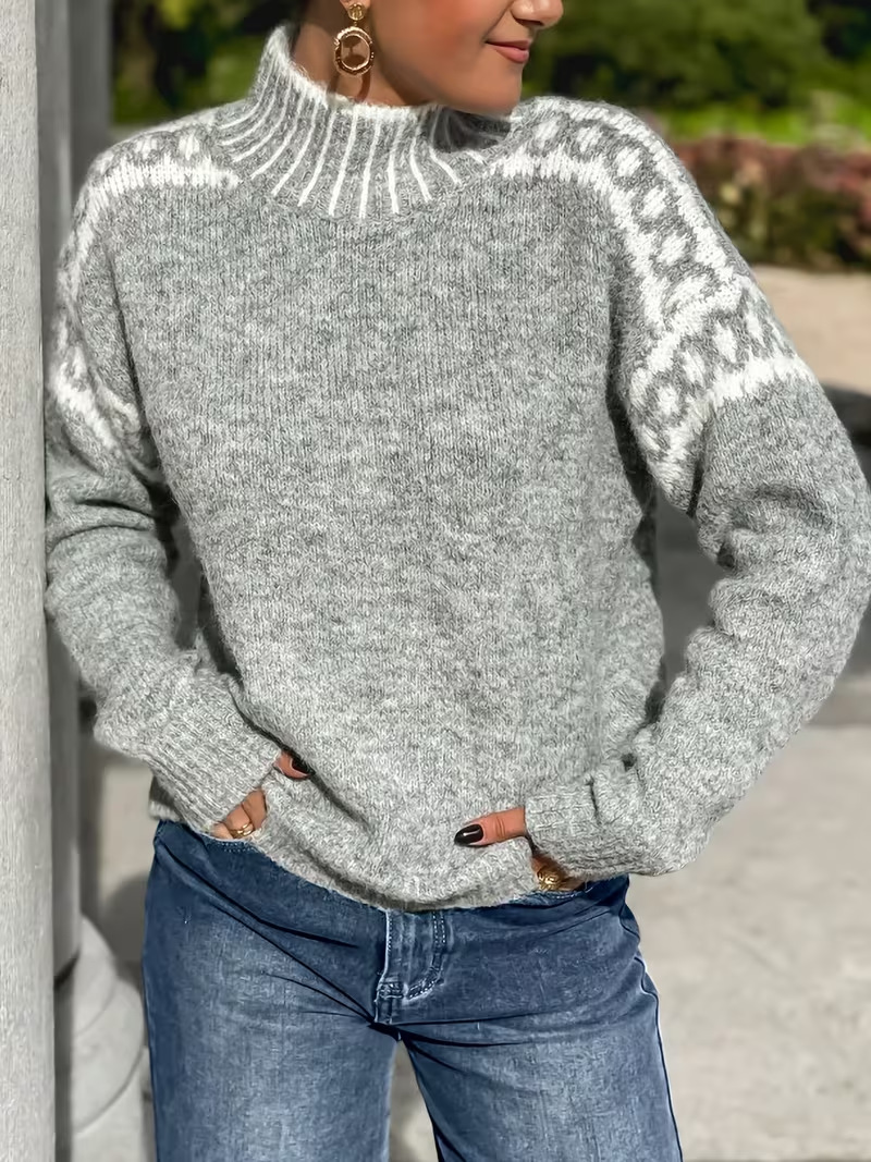Women's Jacquard Crewneck Sweater Loose Soft Lazy Knit Top