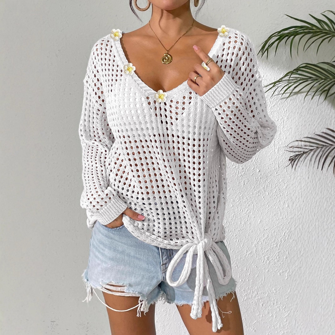 Women's V-Neck Pullover Crochet Lace-Up Bow Hollow Out Sweater