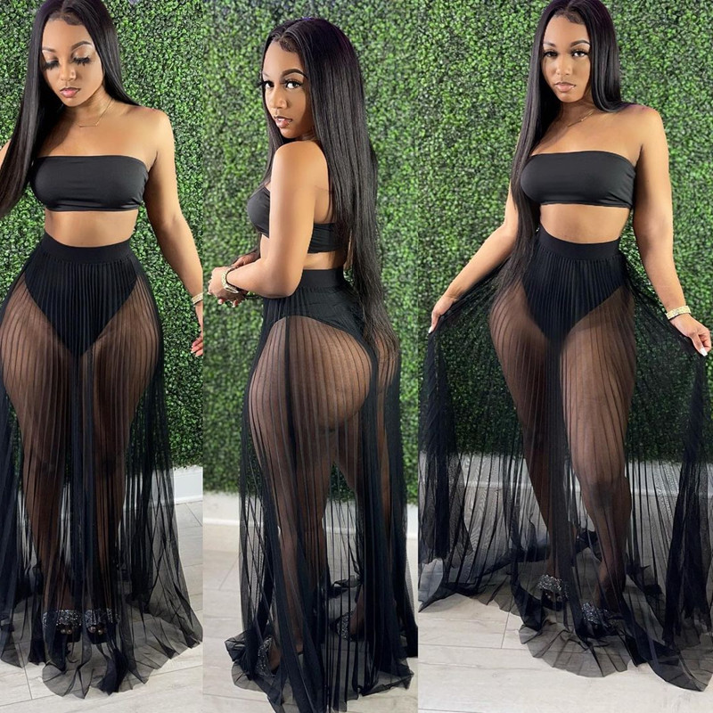 Women's Sexy Sheer Mesh Pleated Three-Piece Skirt Set with Tube Top