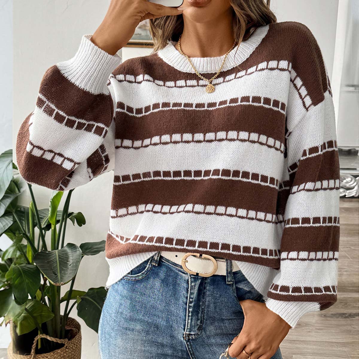 Striped Color-Block Knit Sweater, Long-Sleeve Pullover