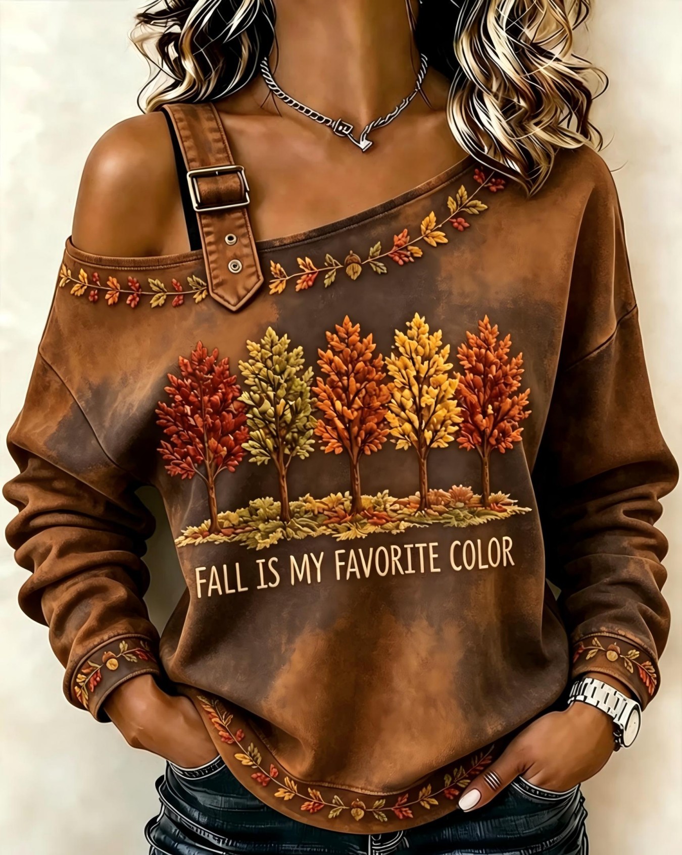 Maple Leaf Letter Floral Print Crewneck Long Sleeve Lace-Up Sweatshirt