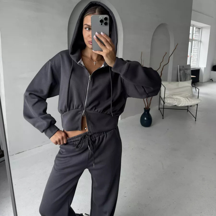 Women's Cotton Blend Zip-Up Hoodie and Drawstring Pants Two-Piece Set