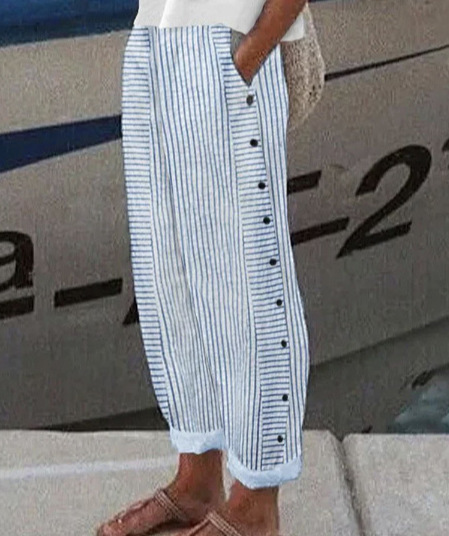 Women's Striped High-Waist Cropped Skinny Pants with Stretch