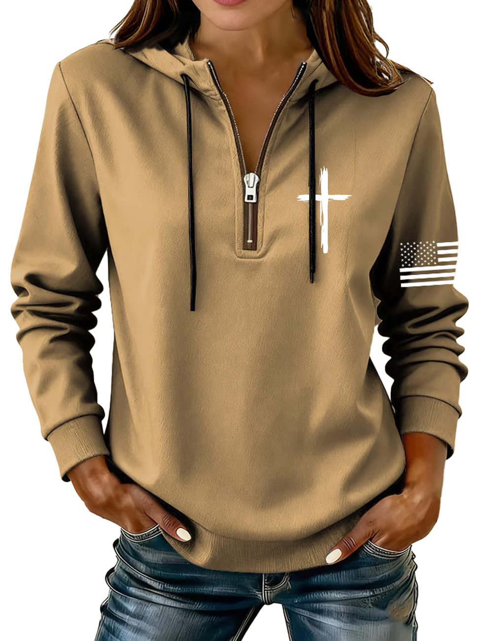 Cross & American Flag Print Half-Zip Hoodie