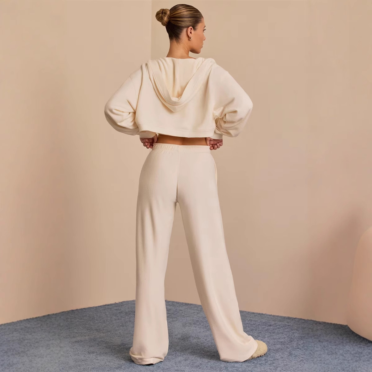 Women's Solid Color Cropped Hooded Three-Piece Pants Set Casual Streetwear