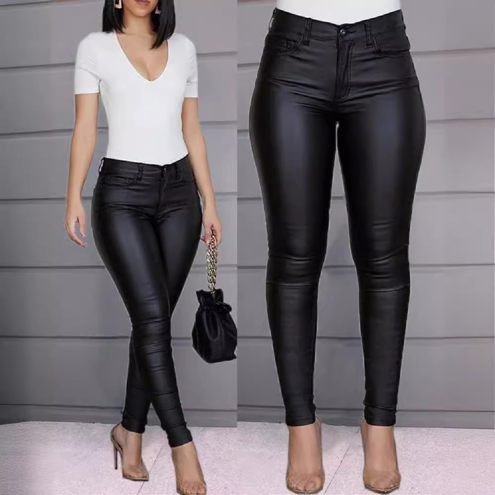 Women's Solid PU Leather Skinny Pants High Waist Stretchy Long Trousers