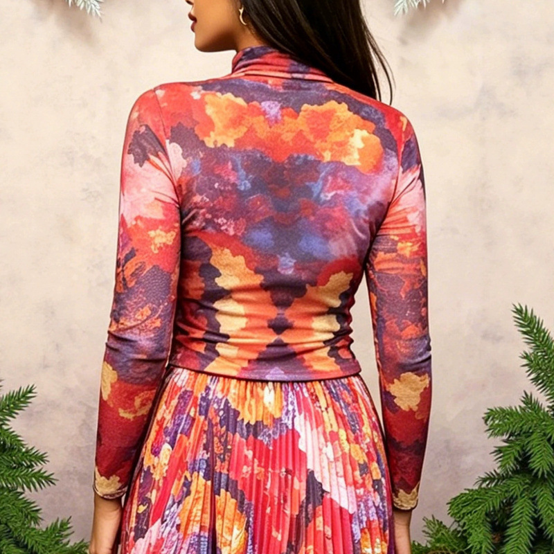 Elegant Slim-Fit Printed Long Dress Set for Women